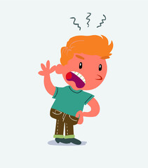  Indigned cartoon character of little boy on jeans vehemently shakes his hand.