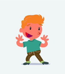 Pleasantly surprised cartoon character of little boy on jeans