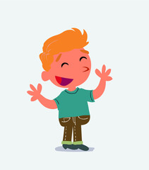 Pleased cartoon character of little boy on jeans explaining something