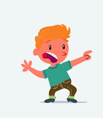 Scared cartoon character of little boy on jeans points to the side