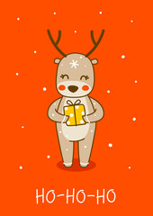 Cute little deer with gift box on red background - cartoon character for funny Christmas and New Year winter greeting card and poster design