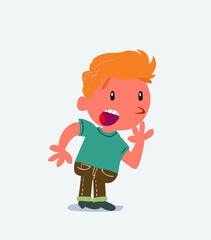 Unpleasantly surprised cartoon character of little boy on jeans looks to the side