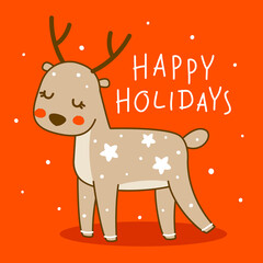 Fototapeta premium Cute little deer on red background - cartoon character for funny Christmas and New Year winter greeting card and poster design