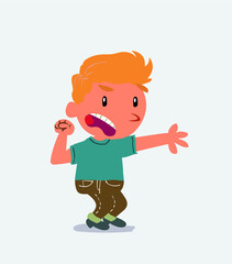 Very angry cartoon character of little boy on jeans pointing at something