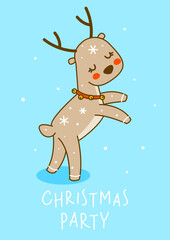 Cute little deer dancing on blue background - cartoon character for funny Christmas and New Year winter greeting card and poster design