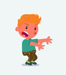  Very angry cartoon character of little boy on jeans pointing at something at side.