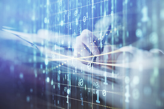 Double exposure of hands making notes background with technology and digital coding huds. Data learning concept.