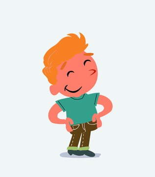 Satisfied cartoon character of little boy on jeans