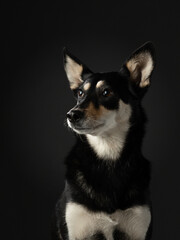mix dog funny portrait. Charming pet in studio on black background. 