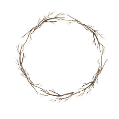 Decorative dry branch round frame. Hand drawn watercolor illustration.