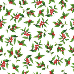 Seamless pattern with winter holly leaf branches with red berries on white background. Hand drawn watercolor illustration. - 395509886