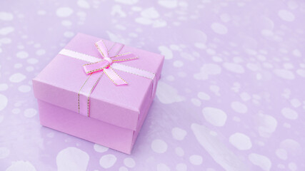 Christmas gift box on a pink background with a Christmas tree branch. Copy space