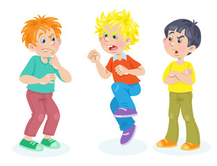 Children and emotions. Conflicting conversation of three boys. In cartoon style. Isolated on white background. Vector flat illustration.