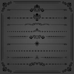 Vintage set of decorative black elements. Horizontal separators in the frame. Collection of different ornaments. Classic patterns. Set of vintage patterns