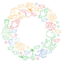 Kindergarten, toys vector pattern. Little children creativity and imagination. Online education, educational games.