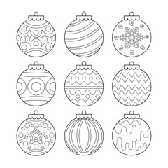 Christmas and New Year tree decorations, ornaments, set of balls coloring page black and white isolated on white background