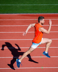 Obraz premium Best cardio ever. muscular man in motion. athletic man compete in sprint. sport healthy lifestyle. fitness training outdoor. runner run on running track. energetic and sporty. marathon speed energy
