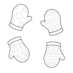 Trace and color winter mittens collection. Handwriting practice for kids isolated on white background