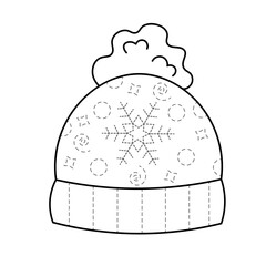 Trace and color winter hat. Handwriting practice sheet for kids isolated on white background