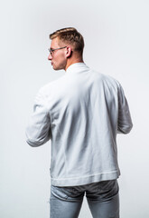 The key to menswear looking good is fit. Young man wear casual style, back view. Menswear collection. Fashion trend. Mens clothing. Masculine attire. Stylish and confident