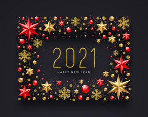 Fototapeta na wymiar New Year 2021 greeting illustration. Frame made from stars, ruby gems, glitter gold snowflakes and beads. Vector illustration.