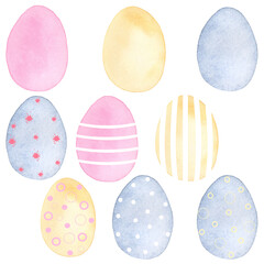 Watercolor set of painted Easter eggs. Perfect for printing, textile, web design, souvenirs, photo albums, scrapbooking and other creative projects.