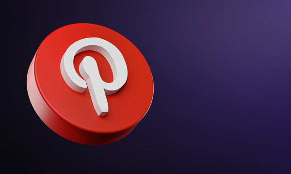 Pinterest Circle Button Icon 3D on Dark Bakcgorund. Elegant Template Blank Space