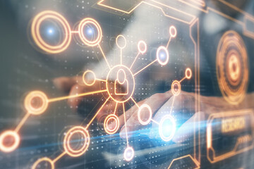 Media network theme hologram with man working on computer on background. Concept of internet...