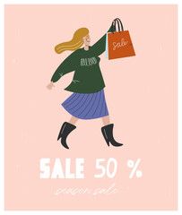 Black Friday, sales, discounts, Boxing Day, online shopping. Poster with funny buyer female with bags carries her purchases. Vector flat pink poster in cartoon style. Sale template. 
