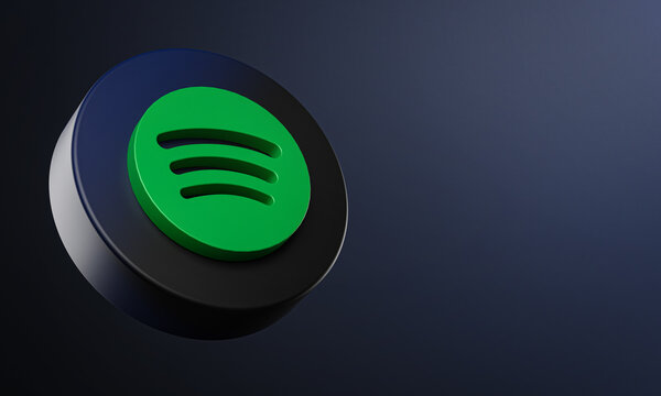 Spotify Circle Button Icon 3D on Dark Bakcgorund. Elegant Template Blank Space