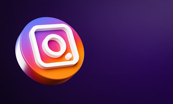 Instagram Circle Button Icon 3D on Dark Bakcgorund. Elegant Template Blank Space