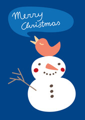Schneemann mit Vogel, der frohe Weihnachten sagt (auf englisch Merry Christmas) Grußkarte oder Kunstdruck Illustration 