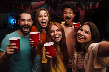 Smiling friends with smartphone taking selfie