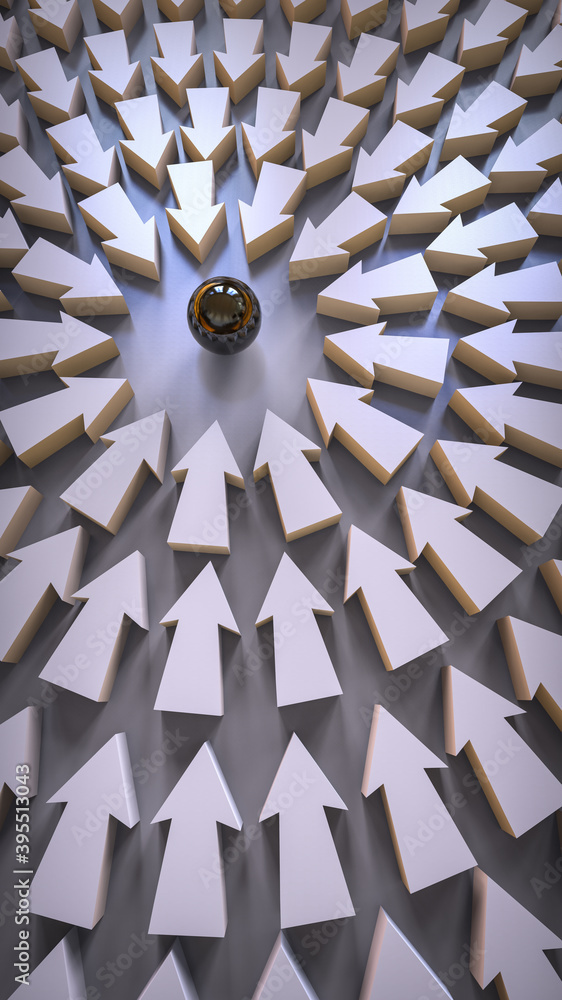 Aufkleber 3d rendering of arrows pointing on a sphere isolated on a gray background