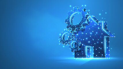 Country house with cogwheels on it. Technology of a hi-tech smart house. Low poly wireframe 3d vector illustration. Abstract polygonal image on blue neon background