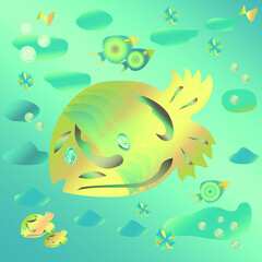 Drawing on the marine theme.  Yellow fish in the blue ocean.  Vector with gradients.