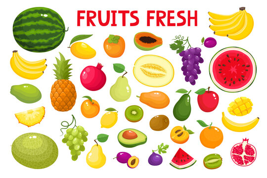 Colorful cartoon fruit icons isolated on white.