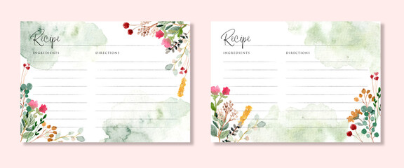 recipe card with rustic floral garden watercolor - obrazy, fototapety, plakaty