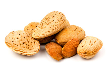 almond nuts in close-up, isolated on white background