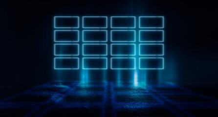 Abstract futuristic neon background, light tunnel, blue neon shapes on a dark background. Night view, space background, cyber reality.
