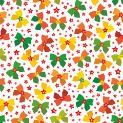 Vector red, green, gold present bow seamless pattern background. Scattered gift bows and stars decorations on white backdrop. Hand drawn Christmas retro vintage all over print for festive season.