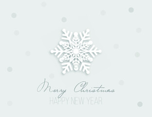 Fototapeta premium Christmas postcard with paper snowflakes with shadow and silver confetti on grey background. New year holiday design.