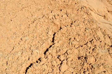 Dry lake or swamp in the process of drought and lack of rain or moisture, a global natural disaster. The cracked soil of the earth due to climate change. Background or texture of sand in mining quarry