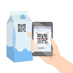 Recognition of information by barcode. Smartphone qr-code and milk packaging. Vector illustration