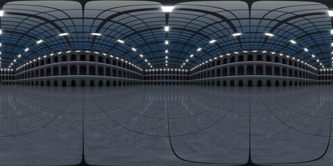 Full spherical hdri panorama 360 degrees of empty exhibition space. backdrop for exhibitions and events. Tile floor. Marketing mock up. 3D render illustration