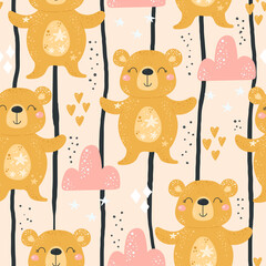 Seamless pattern with Cartoon characters bear and flower on a color background. Vector print. - 395516284