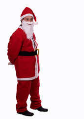 man with down syndrome dressed as santa claus on white background