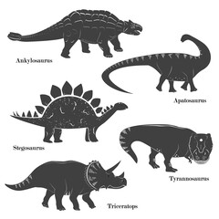 Cute vector of young dinosaurs isolated on white background. Triceratops, Apatosaurus, Tyrannosaurus, Stegosaurus, and Ankylosaurus Set
