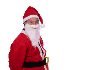 man with down syndrome dressed as santa claus on white background