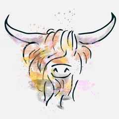 Digital artwork of a bull - in grey orange yellow and pink